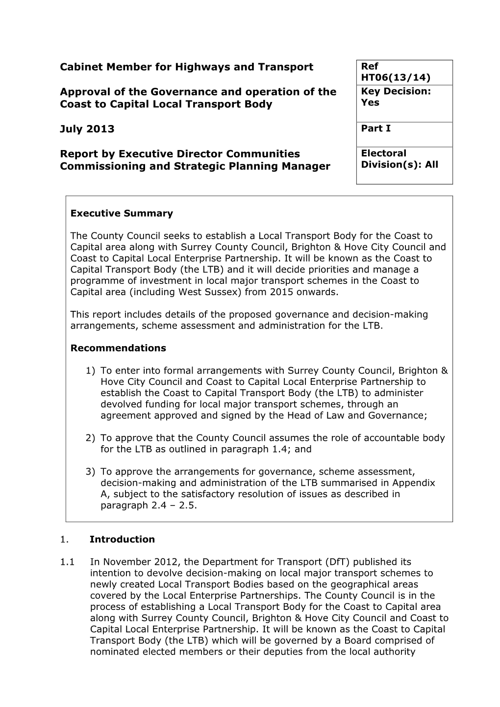 Approval of the Governance and Operation of the Coast to Capital