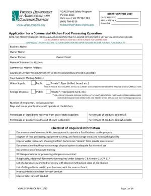 Application for a Commercial Kitchen Food Processing Operation