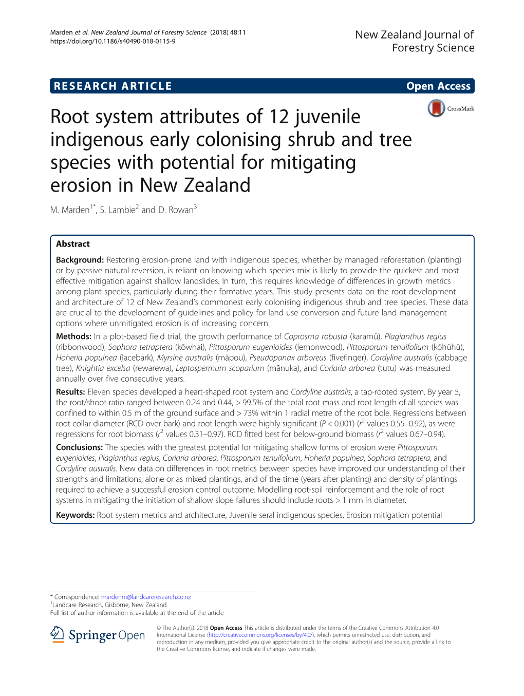 Root System Attributes of 12 Juvenile Indigenous Early Colonising Shrub and Tree Species with Potential for Mitigating Erosion in New Zealand M