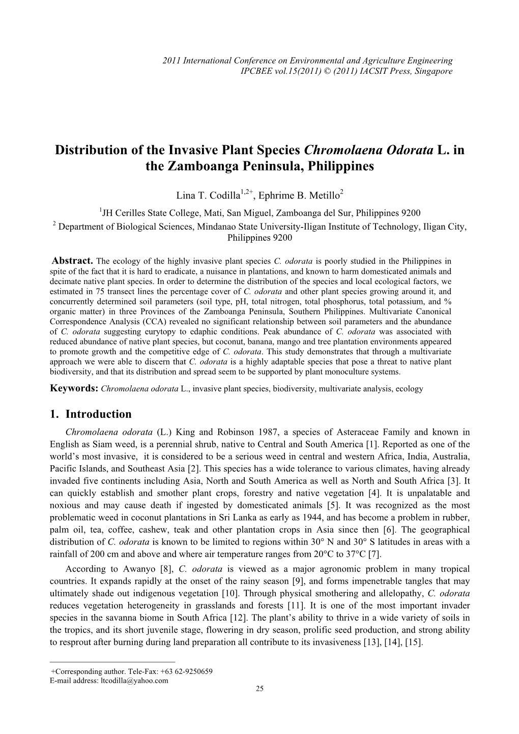 Distribution of the Invasive Plant Species Chromolaena Odorata L. in the Zamboanga Peninsula, Philippines