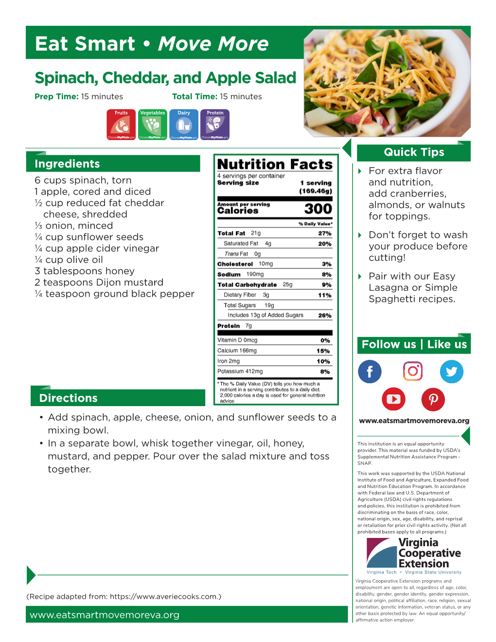 Eat Smart • Move More Spinach, Cheddar, and Apple Salad Prep Time: 15 Minutes Total Time: 15 Minutes