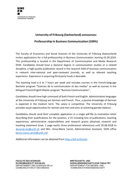 University of Fribourg (Switzerland) Announces