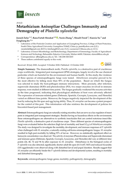 Metarhizium Anisopliae Challenges Immunity and Demography of Plutella Xylostella