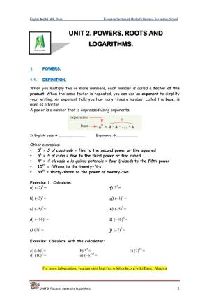 Unit 2. Powers, Roots and Logarithms
