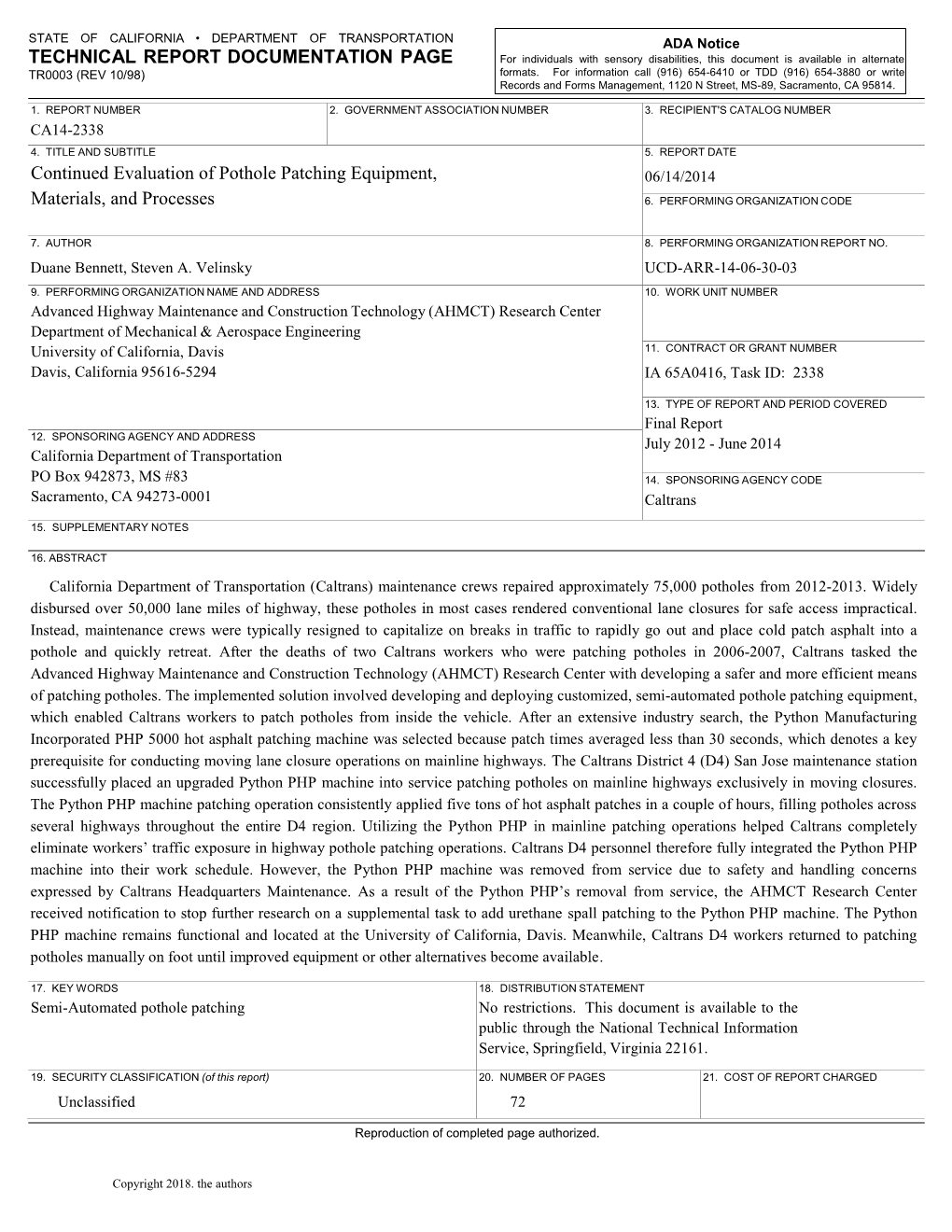 Continued Evaluation of Pothole Patching Equipment, Materials, and Processes