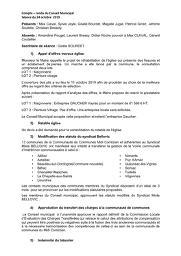 Compte – Rendu Du Conseil Municipal Séance Du 24 Octobre 2019