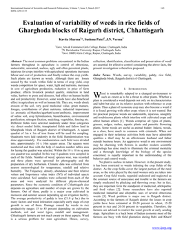 Evaluation of Variability of Weeds in Rice Fields of Gharghoda Blocks of Raigarh District, Chhattisgarh
