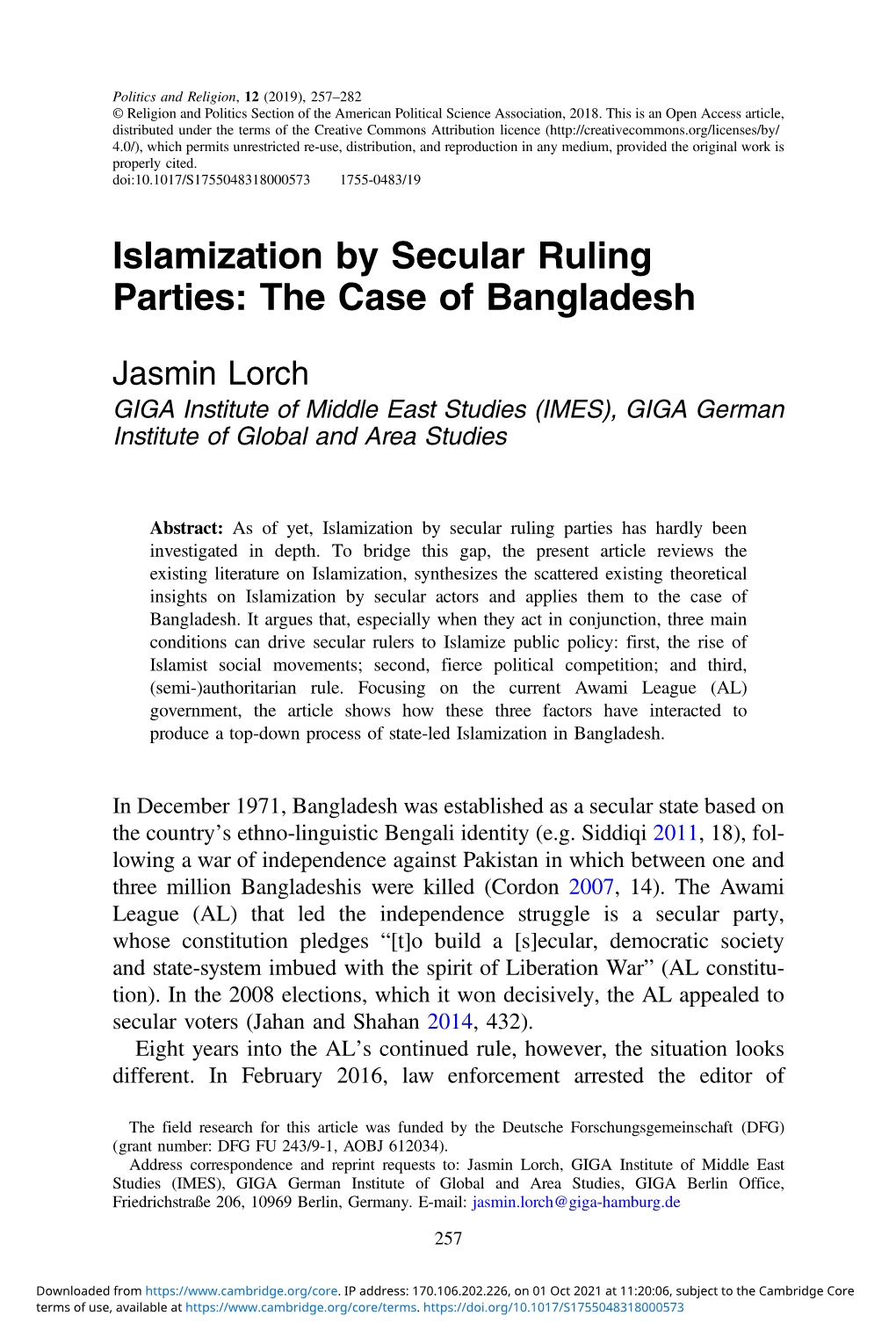 Islamization by Secular Ruling Parties: the Case of Bangladesh