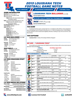 2013 Louisiana Tech Football Game Notes 54 All-Americans 25 Conference Championships 2 National Titles