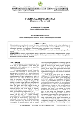 BUKHARA and MASHRAB (Features of the Period)