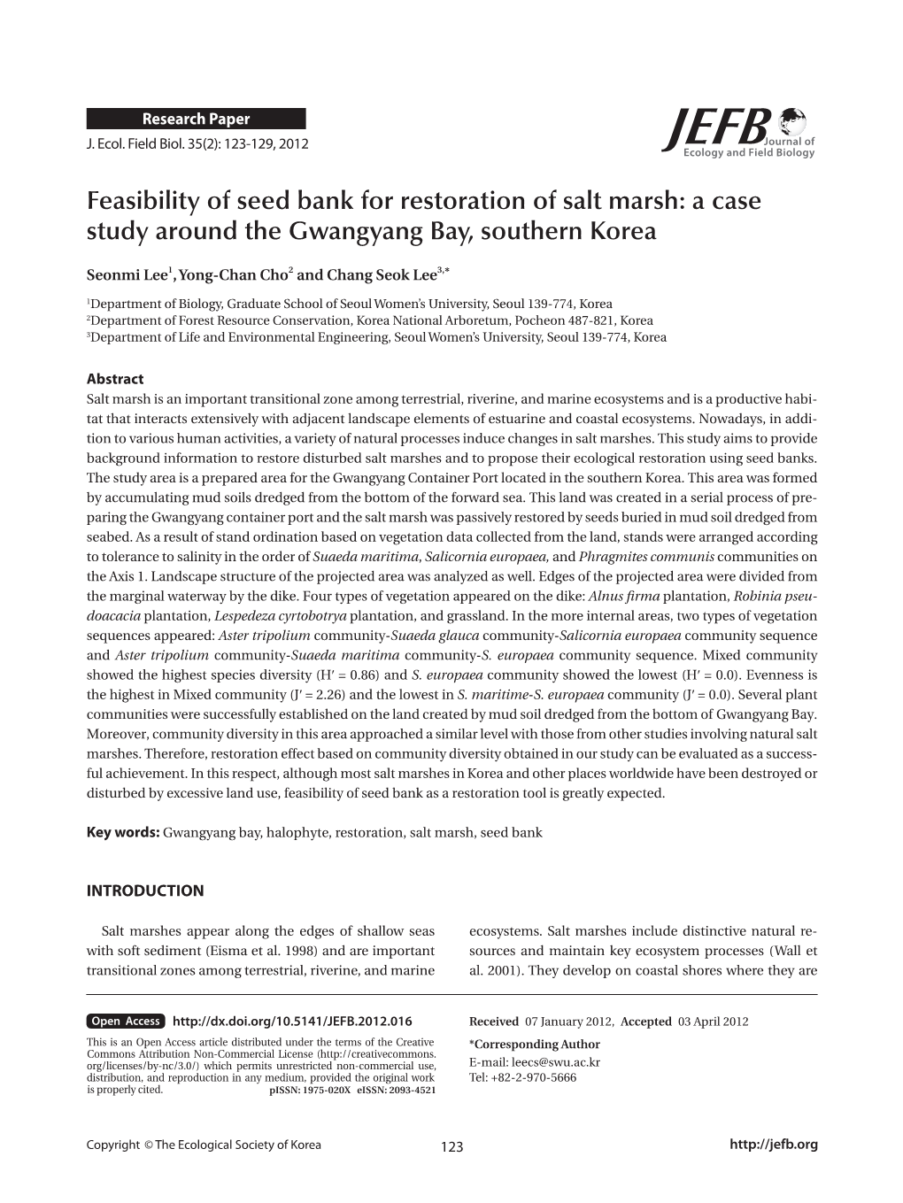 Feasibility of Seed Bank for Restoration of Salt Marsh: a Case Study Around the Gwangyang Bay, Southern Korea