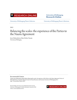 Balancing the Scales: the Experience of the Parties to the Nauru Agreement Josie Malamahetoa Mata Molesi Tamate University of Wollongong