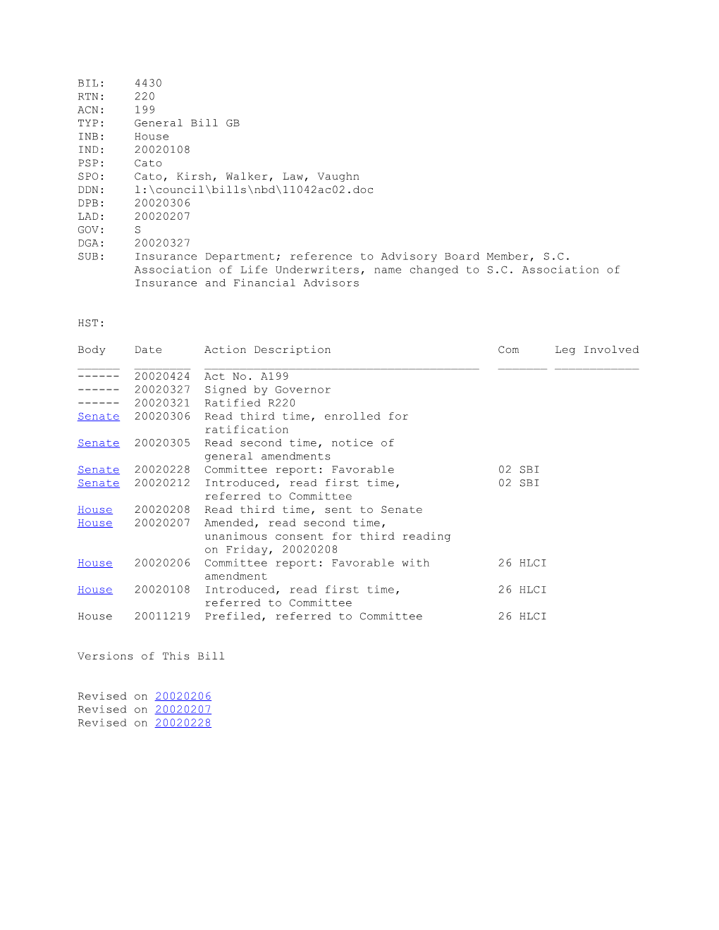 2001-2002 Bill 4430: Insurance Department; Reference to Advisory Board Member, S.C. Association