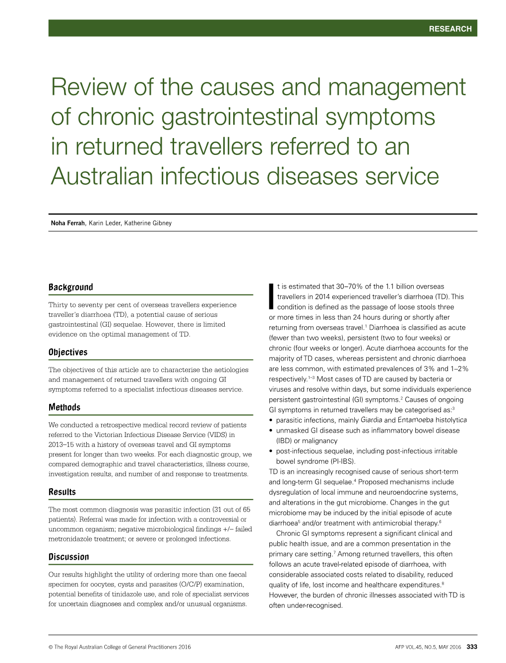 Review of the Causes and Management of Chronic Gastrointestinal Symptoms in Returned Travellers Referred to an Australian Infectious Diseases Service