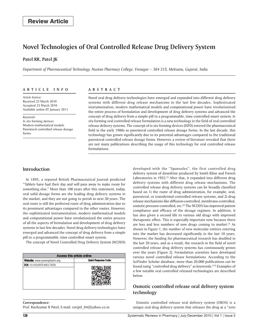 Novel Technologies Of Oral Controlled Release Drug Delivery System ...