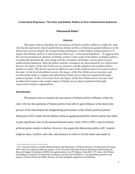 Constrained Hegemony: the State and Islamic Politics in Post-Authoritarian Indonesia