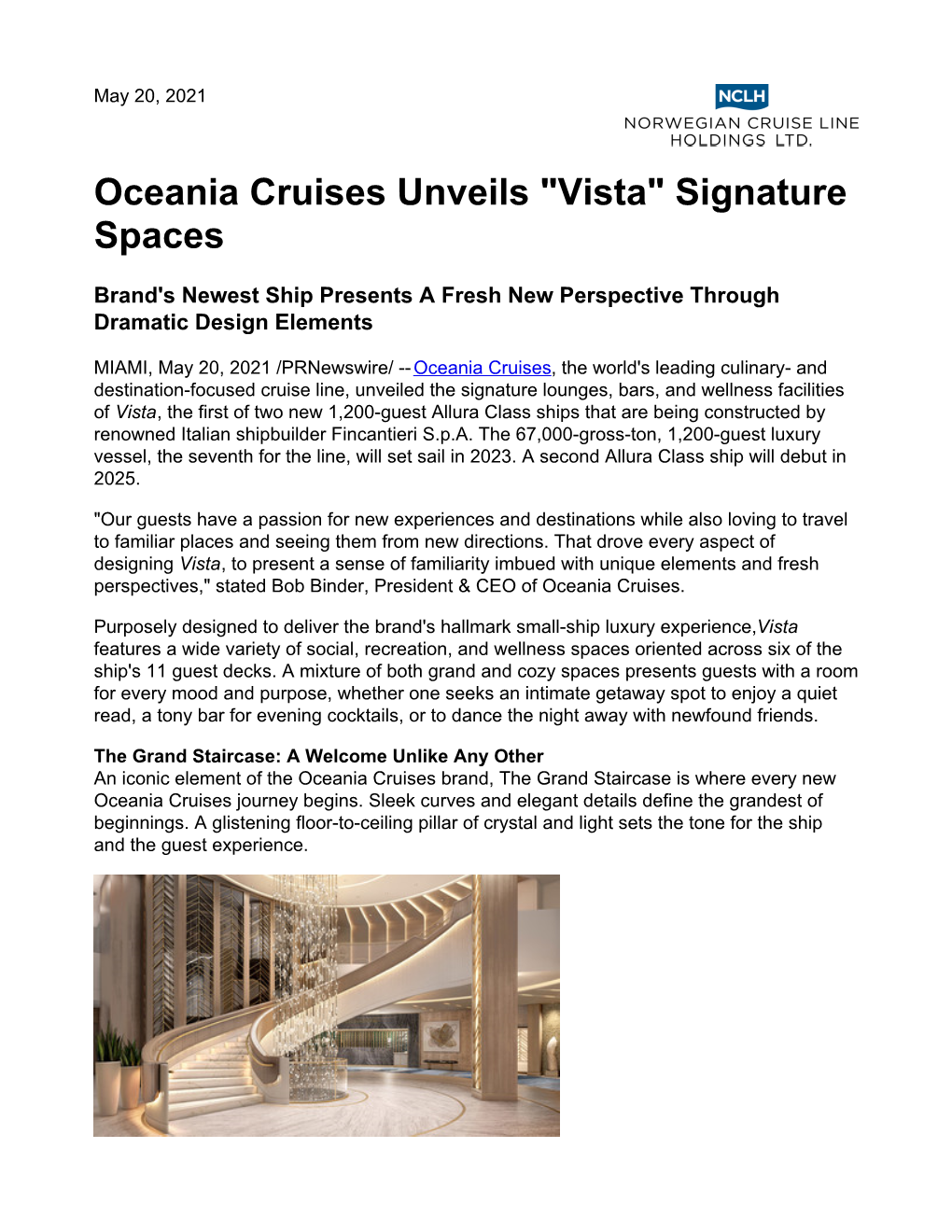 Oceania Cruises Unveils "Vista" Signature Spaces