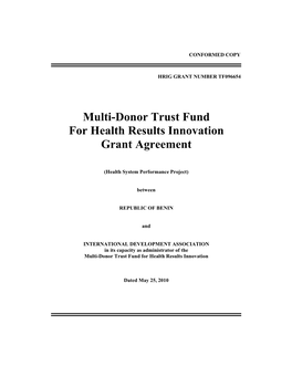 Multi-Donor Trust Fund for Health Results Innovation Grant Agreement