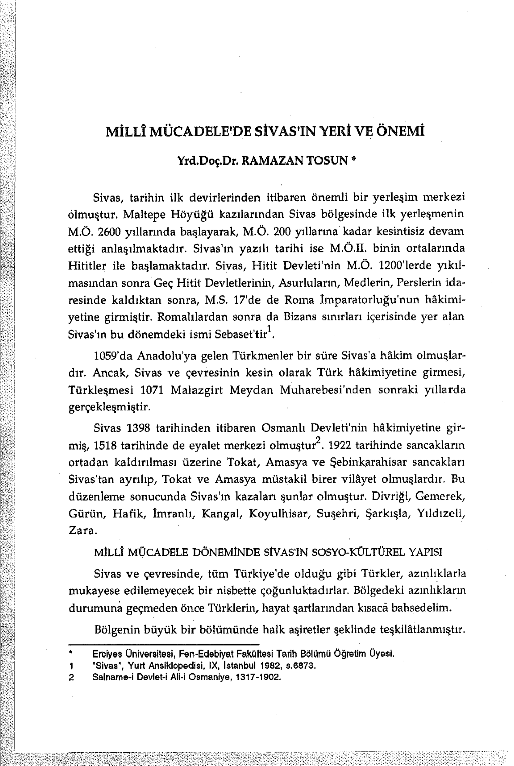 Millî Mücadelede Sivas'ın Yeri Ve Önemi