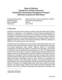 State of California Department of Water Resources Sustainable Groundwater Management Program Alternative Assessment Staff Report