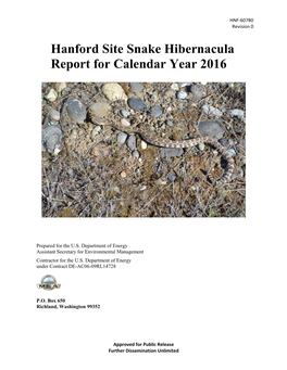 Hanford Site Snake Hibernacula Report for Calendar Year 2016