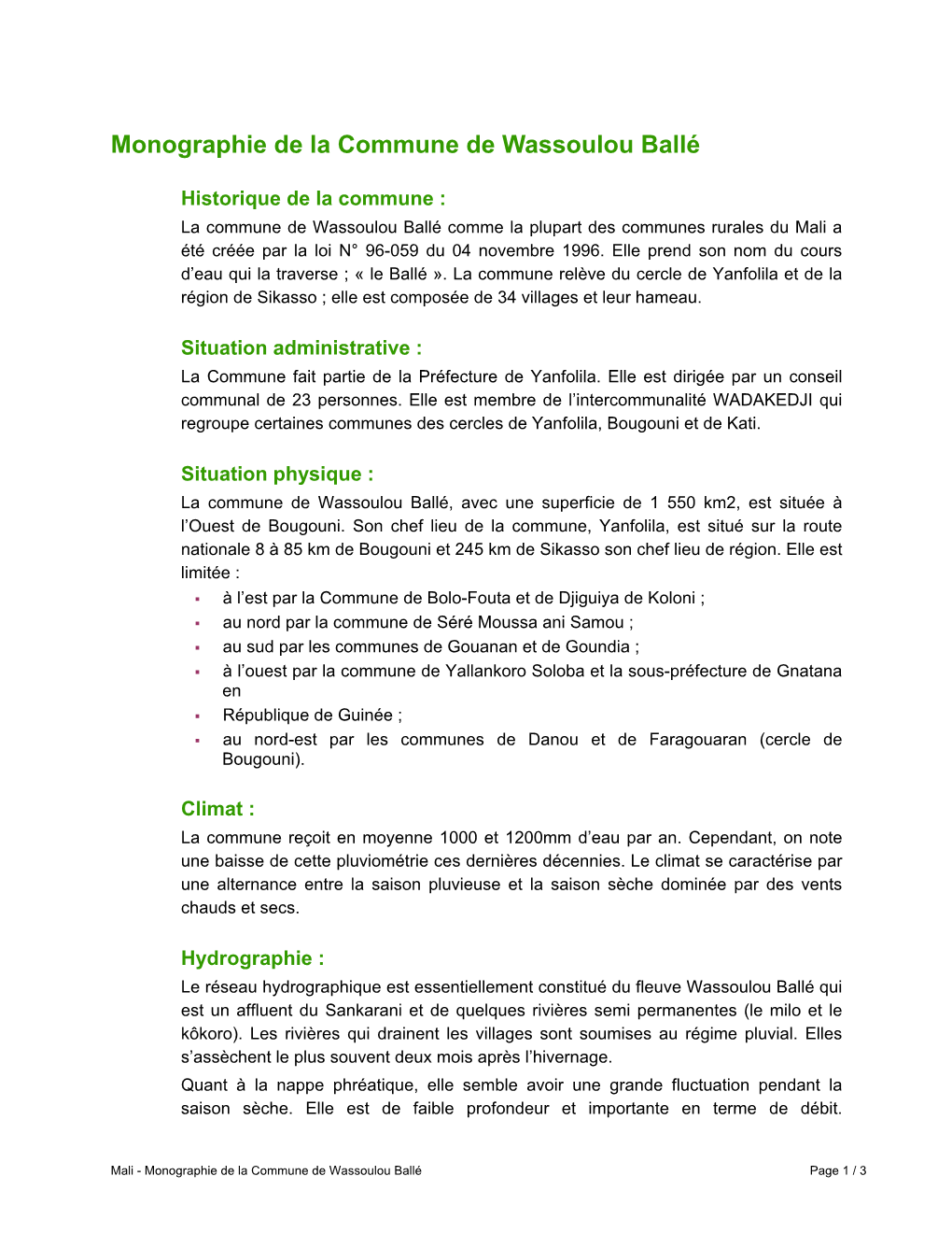 Monographie De La Commune De Wassoulou Ballé