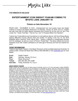 Entertainment Icon Dwight Yoakam Coming to Mystic Lake January 19