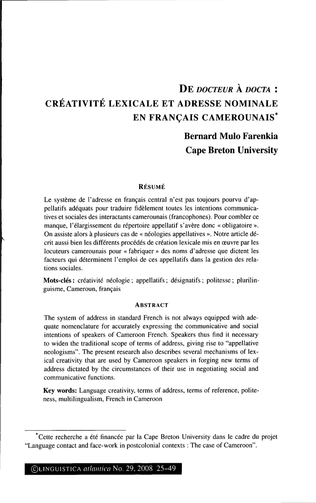 Creativite Lexicale Et Adresse Nominale En Fran(Ais Camerounais*