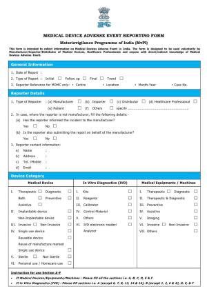 MEDICAL DEVICE ADVERSE EVENT REPORTING FORM Materiovigilance Programme of India (Mvpi)