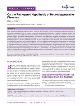 On the Pathogenic Hypothesis of Neurodegenerative Diseases Alain L