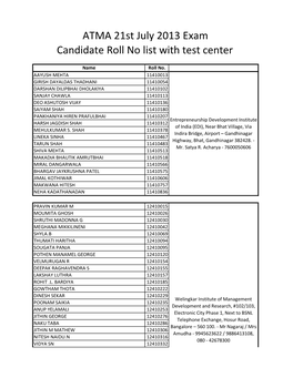 ATMA 21St July 2013 Exam Candidate Roll No List with Test Center