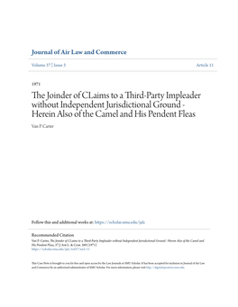 The Joinder of Claims to a Third-Party Impleader Without Independent Jurisdictional Ground - Herein Also of the Camel and His Pendent Fleas, 37 J