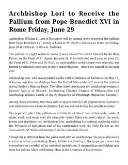 Archbishop Lori to Receive the Pallium from Pope Benedict XVI in Rome Friday, June 29