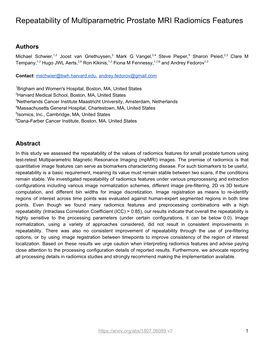 Repeatability of Multiparametric Prostate MRI Radiomics Features