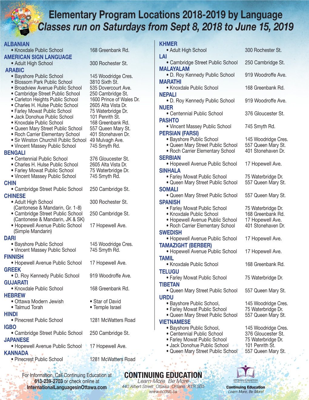 Elementary Program Locations 2018-2019 by Language Classes Run on Saturdays from Sept 8, 2018 to June 15, 2019