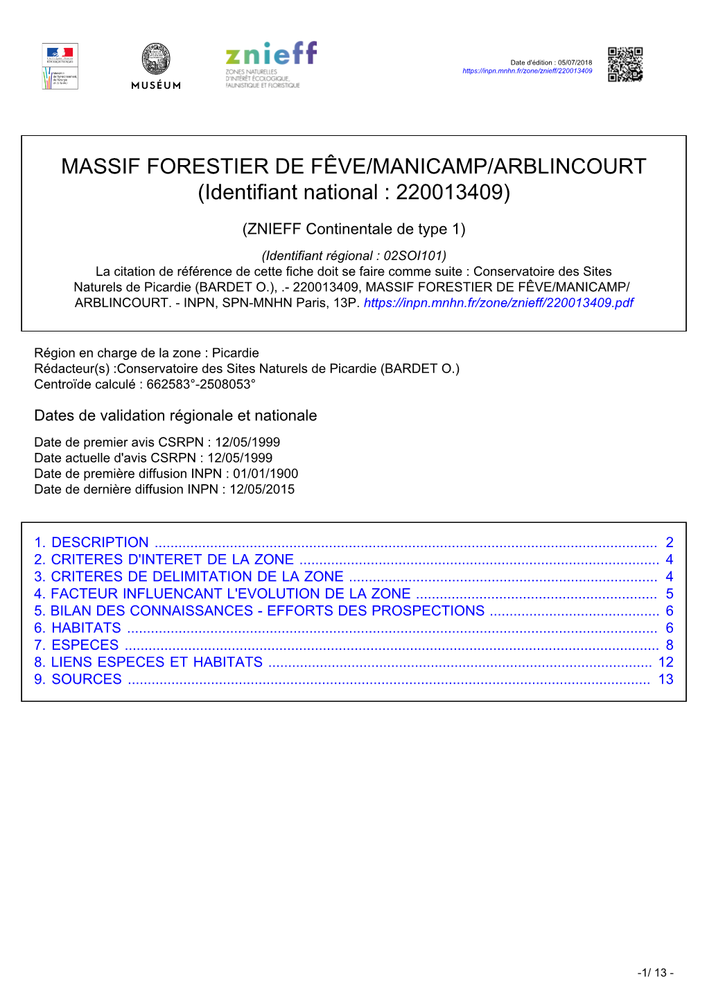 MASSIF FORESTIER DE FÊVE/MANICAMP/ARBLINCOURT (Identifiant National : 220013409)