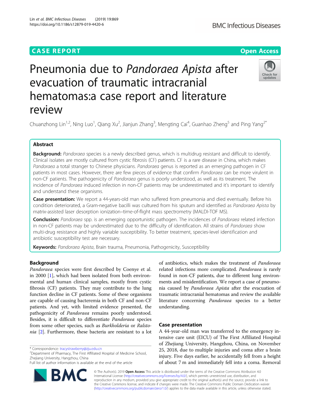 Pneumonia Due to Pandoraea Apista After Evacuation of Traumatic Intracranial Hematomas:A Case Report and Literature Review