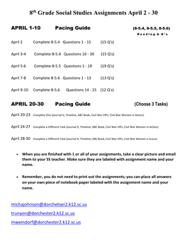 8Th Grade Social Studies Assignments April 2 - 30