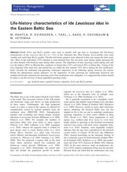 History Characteristics of Ide Leuciscus Idus in the Eastern Baltic Sea M