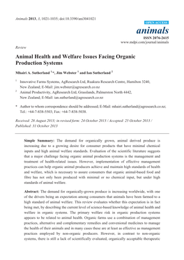 Animal Health and Welfare Issues Facing Organic Production Systems