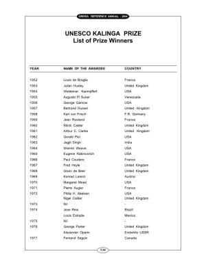 UNESCO KALINGA PRIZE List of Prize Winners