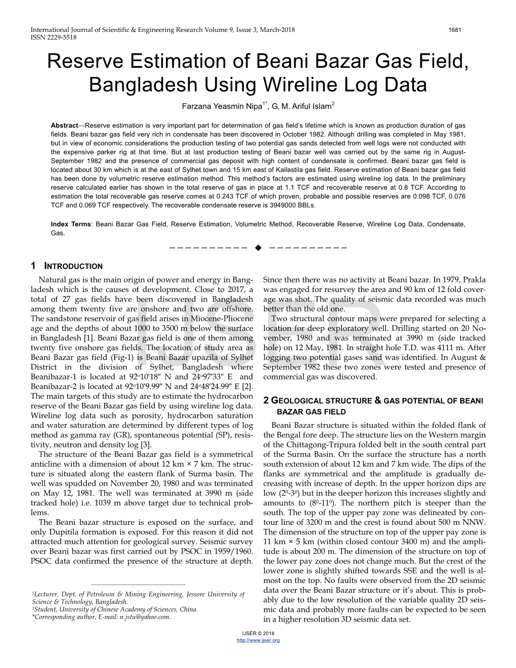 Reserve Estimation of Beani Bazar Gas Field, Bangladesh Using Wireline Log Data Farzana Yeasmin Nipa1*, G