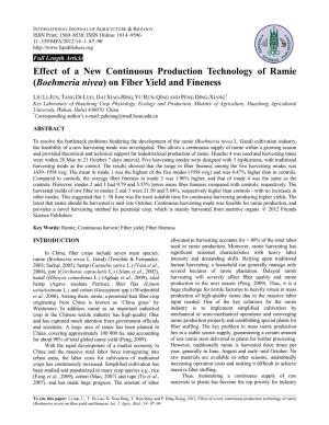Effect of a New Continuous Production Technology of Ramie (Boehmeria Nivea) on Fiber Yield and Fineness