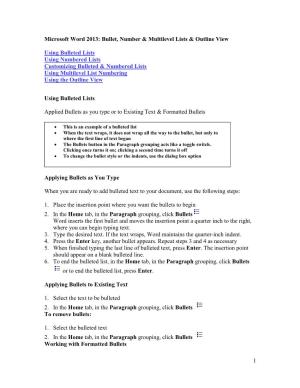 1 Microsoft Word 2013: Bullet, Number & Multilevel Lists & Outline View