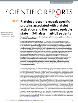 Platelet Proteome Reveals Specific Proteins Associated with Platelet Activation and the Hypercoagulable State in Β-Thalassmia/H