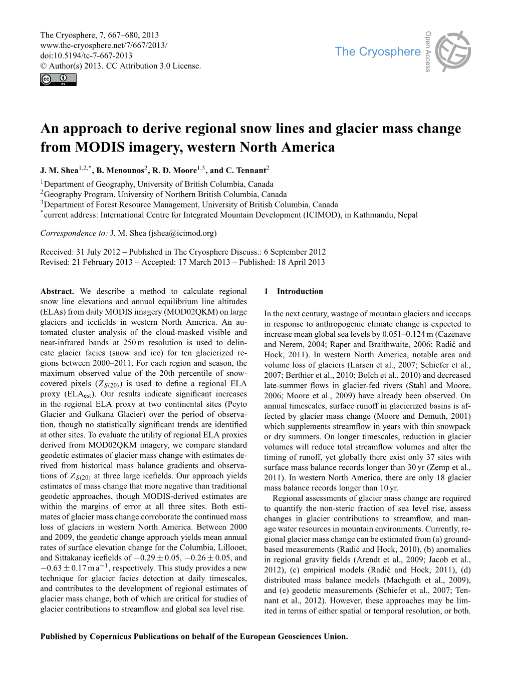 An Approach to Derive Regional Snow Lines and Glacier Mass Change from MODIS Imagery, Western North America