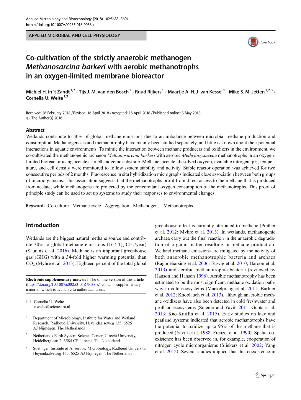 Co-Cultivation of the Strictly Anaerobic Methanogen Methanosarcina Barkeri with Aerobic Methanotrophs in an Oxygen-Limited Membrane Bioreactor