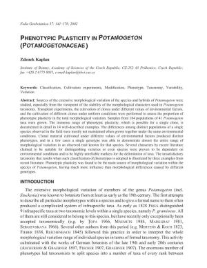Phenotypic Plasticity in Potamogeton (Potamogetonaceae )