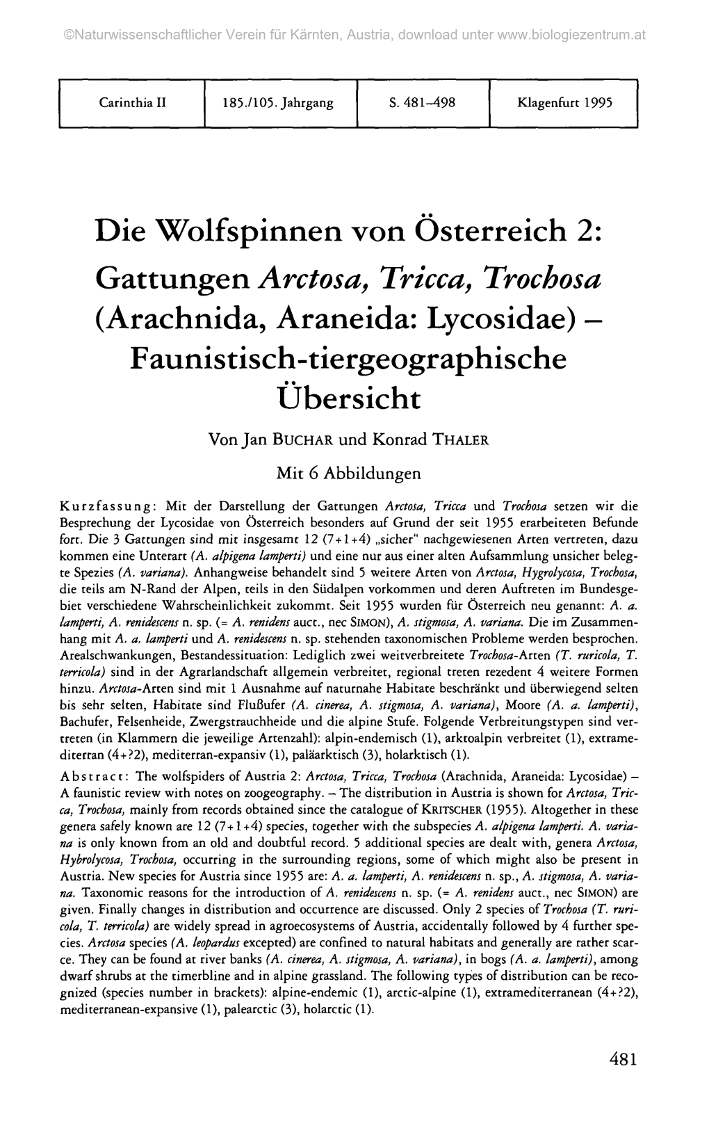 Gattungen Arctosa, Tricca, Trochosa (Arachnida, Araneida: Lycosidae) - Faunistisch-Tiergeographische Übersicht Von Jan Buchar Und Konrad THALER Mit 6 Abbildungen