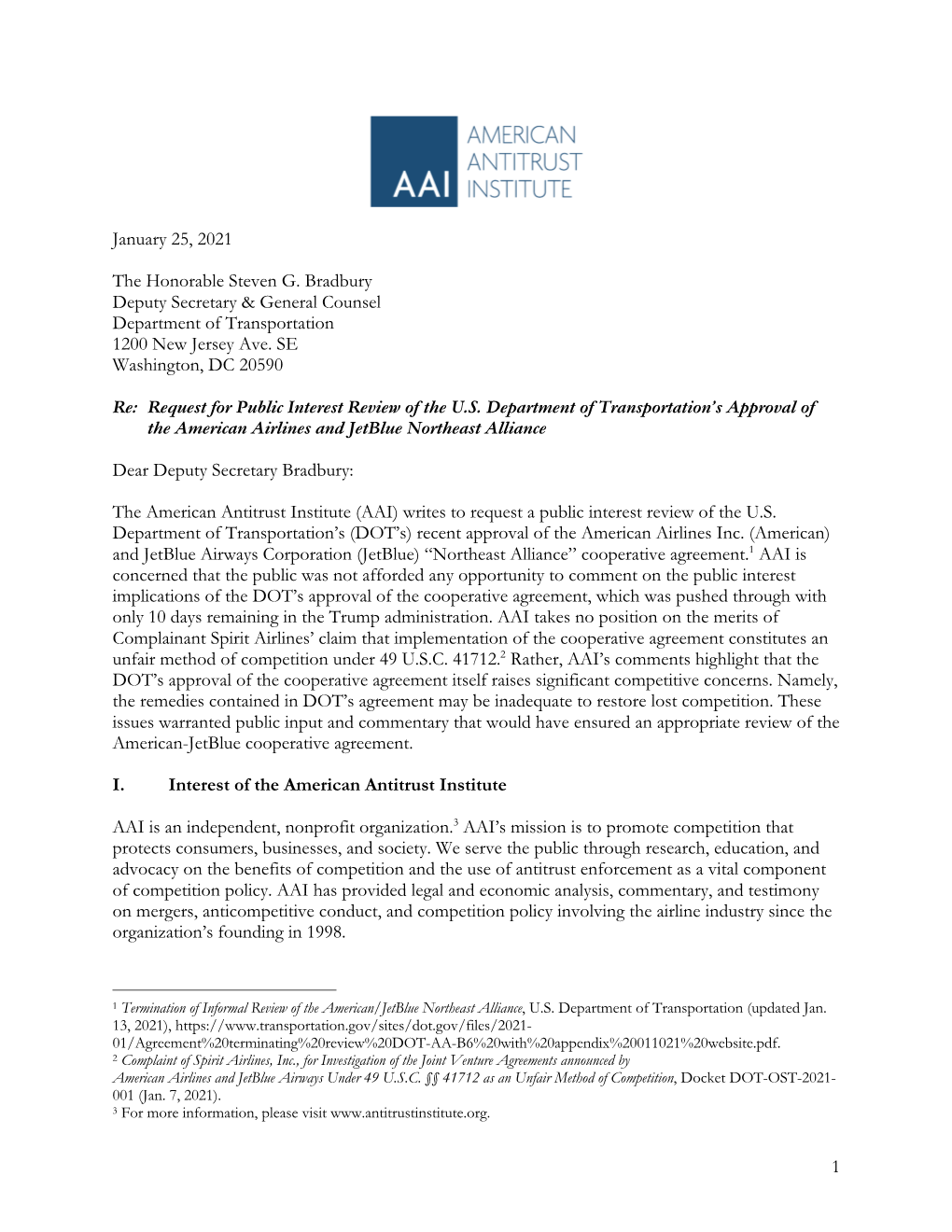 1 January 25, 2021 the Honorable Steven G. Bradbury Deputy Secretary & General Counsel Department of Transportation 1200